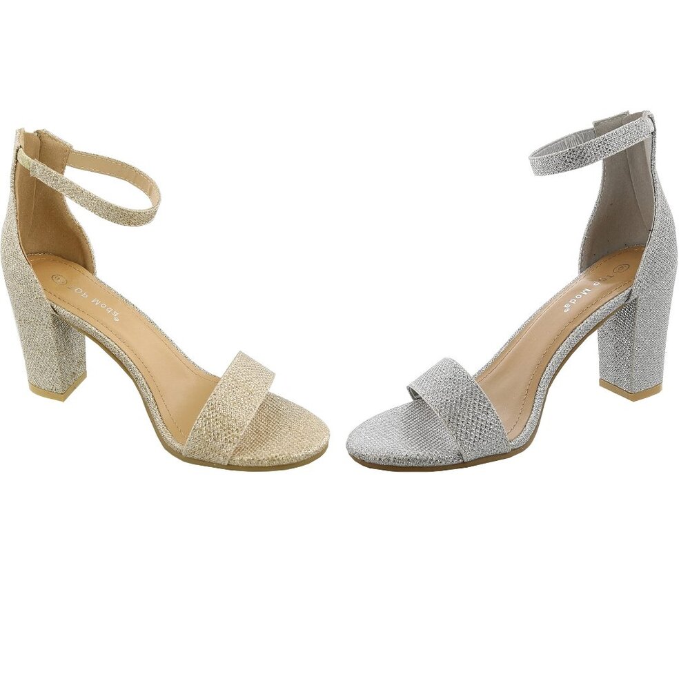 TOP Moda Women's Chunky High Heel Metallic Glitter Ankle Strap Dress Sandals